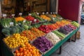 colorful vegetable stand, with a variety of fruits and vegetables on display Royalty Free Stock Photo