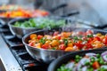 Colorful Vegetable Stir-Fry in Stainless Steel Pans on Commercial Kitchen Stove - Healthy Cooking Concept for Restaurant