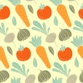 Colorful vegetable vector seamless pattern with carrot, tomato, turnip, radish etc. Organic food hand drawn background.