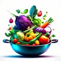 Colorful vegetables in a blue colander on a white background. AI generated