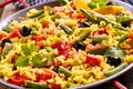 Colorful Vegetarian Paella Rice Dish Served in Pan Royalty Free Stock Photo