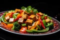 Colorful vegetarian stir-fry with tofu cubes and mixed vegetables in light soy sauce