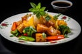 Colorful vegetarian tofu stir-fry with mixed veggies in light soy sauce