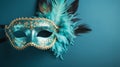 Colorful Venetian Mask Close-Up with Feathers on Blue Background - Copy Space Available