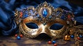 Colorful Venetian Mask Close Up on Solid Blue Background with Space for Text and Copy Space