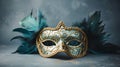 Colorful Venetian Mask with Feathers on Blue Background, Close-Up Portrait for Creative Projects