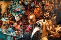Colorful venetian masquerade masks in shop window in Venice, Italy. Traditional part of famous festival Venetian carnival and Royalty Free Stock Photo