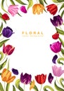 Colorful vertical backdrop with multi-colored tulip flowers, leaves and petals.