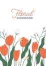 Colorful vertical botanical background with beautiful blooming tulips and daisy meadow flowers. Floral backdrop with