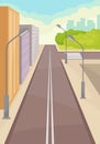 City street with road, high-rise buildings, lampposts and crosswalk. Modern town. Urban landscape. Flat vector design