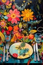 Colorful vertical oil painting of a table with cutlery on floral background. Cafe poster in art-brut style, food art Royalty Free Stock Photo