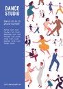 Colorful vertical poster with different couples dancing lindy hop or swing. Advertising for dance studio with a place