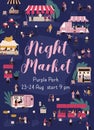 Colorful vertical poster for night market with a place for text. Many people walking and buying goods at nighttime fair