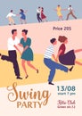Colorful vertical poster for swing or lindy hop party with different couples dancing. Advertising for retro dance event