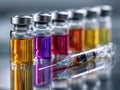Colorful vials and syringe in a medical laboratory setting Royalty Free Stock Photo