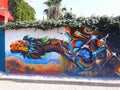 Colorful vibrant abstract tribal street mural in san miguel allende