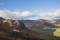 Colorful vibrant Autumn landscape image looking from Pike O`Blisco towards Langdale Pikes and Range with beautiful sungiht on