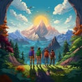 Colorful and Vibrant Cartoon Illustration of Explorers Venturing into Uncharted Land