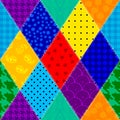 Colorful vibrant colors patchwork flat cartoon seamless vector pattern. Handmade patchwork quilt style background for textile Royalty Free Stock Photo