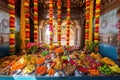 colorful and vibrant hindu temple, with offerings of flowers, fruit and sweets