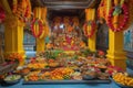 colorful and vibrant hindu temple, with offerings of flowers, fruit and sweets