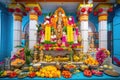 colorful and vibrant hindu temple, with offerings of flowers, fruit and sweets