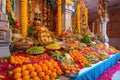 colorful and vibrant hindu temple, with offerings of flowers, fruit and sweets