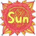 Colorful vibrant illustration with motivational quote - Sun. Doodle lettering. Art therapy mandala illustration. Bright line art.