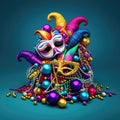 Colorful and vibrant image of Mardi Gras mask, beads, and other decorations is presented. The mask has an eye-catching Royalty Free Stock Photo