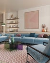 Colorful and vibrant interior designs of living room adorned with cozy furnitrue and beautiful decor