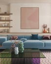 Colorful and vibrant interior designs of living room adorned with cozy furnitrue and beautiful decor