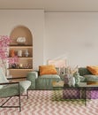 Colorful and vibrant interior designs of living room adorned with cozy furnitrue and beautiful decor