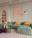 Colorful and vibrant interior designs of living room adorned with cozy furnitrue and beautiful decor