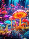 Colorful and vibrant mushroom forest, with many different types of mushrooms growing in area