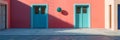 Colorful vibrant pink building. House exterior with blue doors. Minimalist architecture background. Created with generative Ai