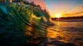 Colorful and Vibrant Surf Barrel Illuminated by the Sunset, Dance of the Waves in a Sparkling Sea...Glowing Sunset, Vivid Surf Royalty Free Stock Photo