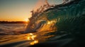 Colorful and Vibrant Surf Barrel Illuminated by the Sunset, Dance of the Waves in a Sparkling Sea...Glowing Sunset, Vivid Surf Royalty Free Stock Photo