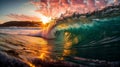 Colorful and Vibrant Surf Barrel Illuminated by the Sunset, Dance of the Waves in a Sparkling Sea...Glowing Sunset, Vivid Surf Royalty Free Stock Photo