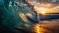 Colorful and Vibrant Surf Barrel Illuminated by the Sunset, Dance of the Waves in a Sparkling Sea...Glowing Sunset, Vivid Surf Royalty Free Stock Photo