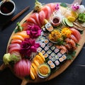 A colorful and vibrant sushi platter on wooden plate
