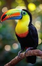 A colorful vibrant toucan sitting on a branch, colorful tropical birds image Royalty Free Stock Photo