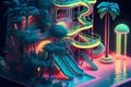 A colorful and vibrant waterpark illuminated with neon lights, generative ai illustration