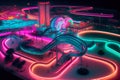 A colorful and vibrant waterpark illuminated with neon lights, generative ai illustration