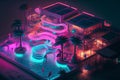 A colorful and vibrant waterpark illuminated with neon lights, generative ai illustration