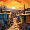 Colorful and vibrant yellow and orange shantytown at sunrise Royalty Free Stock Photo