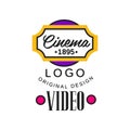 Colorful video company or movie business logo design. Cinematography industry concept with abstract cinema ticket frame