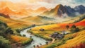 Colorful Vietnam Oil Painting Landscape Landscape Wallpaper Illustration Background Watercolor Ink Royalty Free Stock Photo