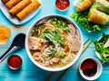 Colorful vietnamese pho bo with beef and spring rolls