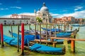 Colorful view of Basilica di Santa Maria della Salute and busy Grand Canal at sunset, Venice, Italy, summer time Royalty Free Stock Photo