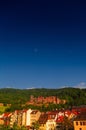 Colorful view of old downtown in Heidelberg, old bridge, statues and ancient castle during sunset, Heidelberg, Germany Royalty Free Stock Photo